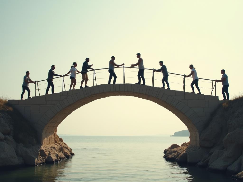 A group of people collaboratively building a bridge together, symbolizing shared purpose and conflict resolution.
