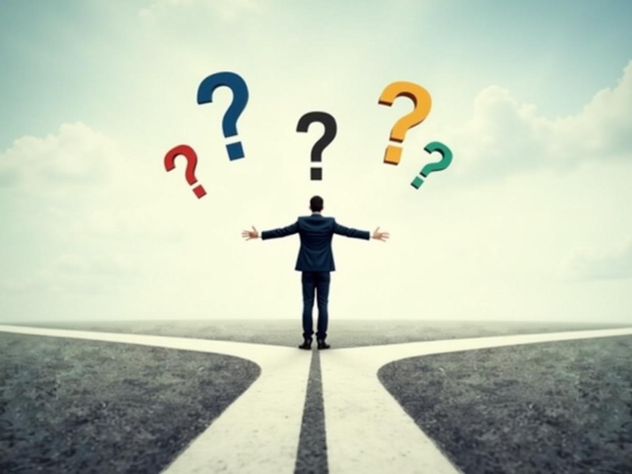 A person standing at a crossroads, looking at different paths with question marks above them, symbolizing the need for flexibility in financial decisions.