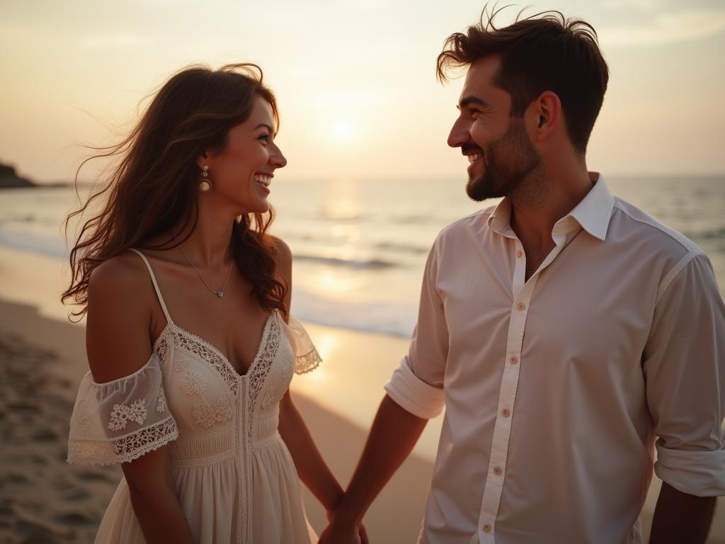 Happy couple holding hands and smiling at each other, representing connection and love.