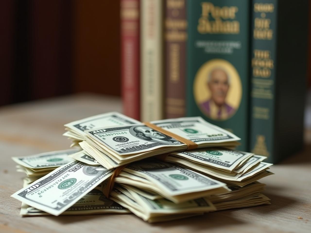 A pile of cash with the book Rich Dad Poor Dad in the background, symbolizing financial freedom and learning about investments.
