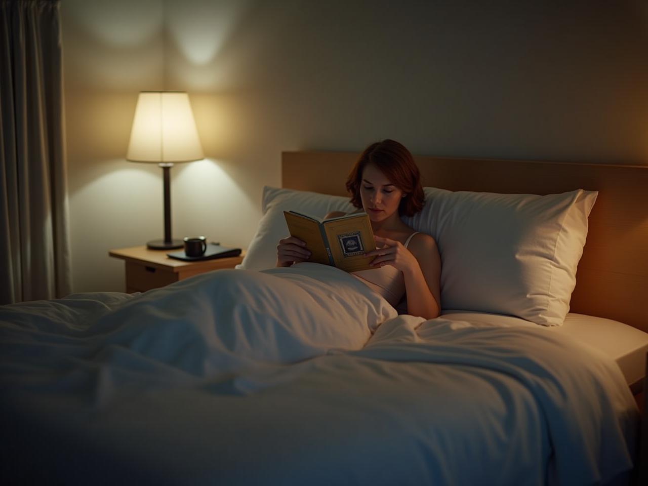A serene bedroom scene with soft lighting, featuring a person reading a book in bed with a cup of herbal tea, and a closed laptop on the nightstand. The room is designed for optimal relaxation and sleep.