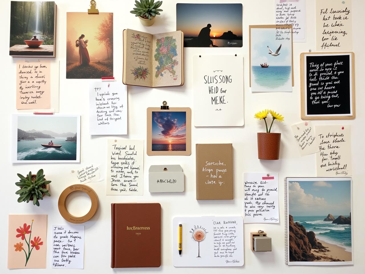 Collage of inspiring images, quotes, and colors arranged on a dream board representing various creative projects like writing, painting, and travel. The board includes photos of nature, books, art supplies, and handwritten notes.