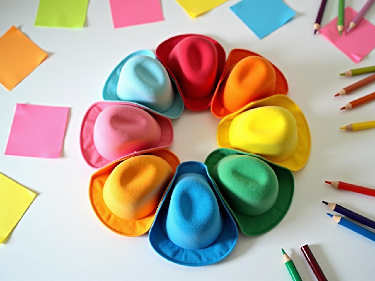Six colorful hats arranged in a circle, symbolizing the six thinking hats method of Edward de Bono. The background is a creative workspace with brainstorming notes and colorful pens.