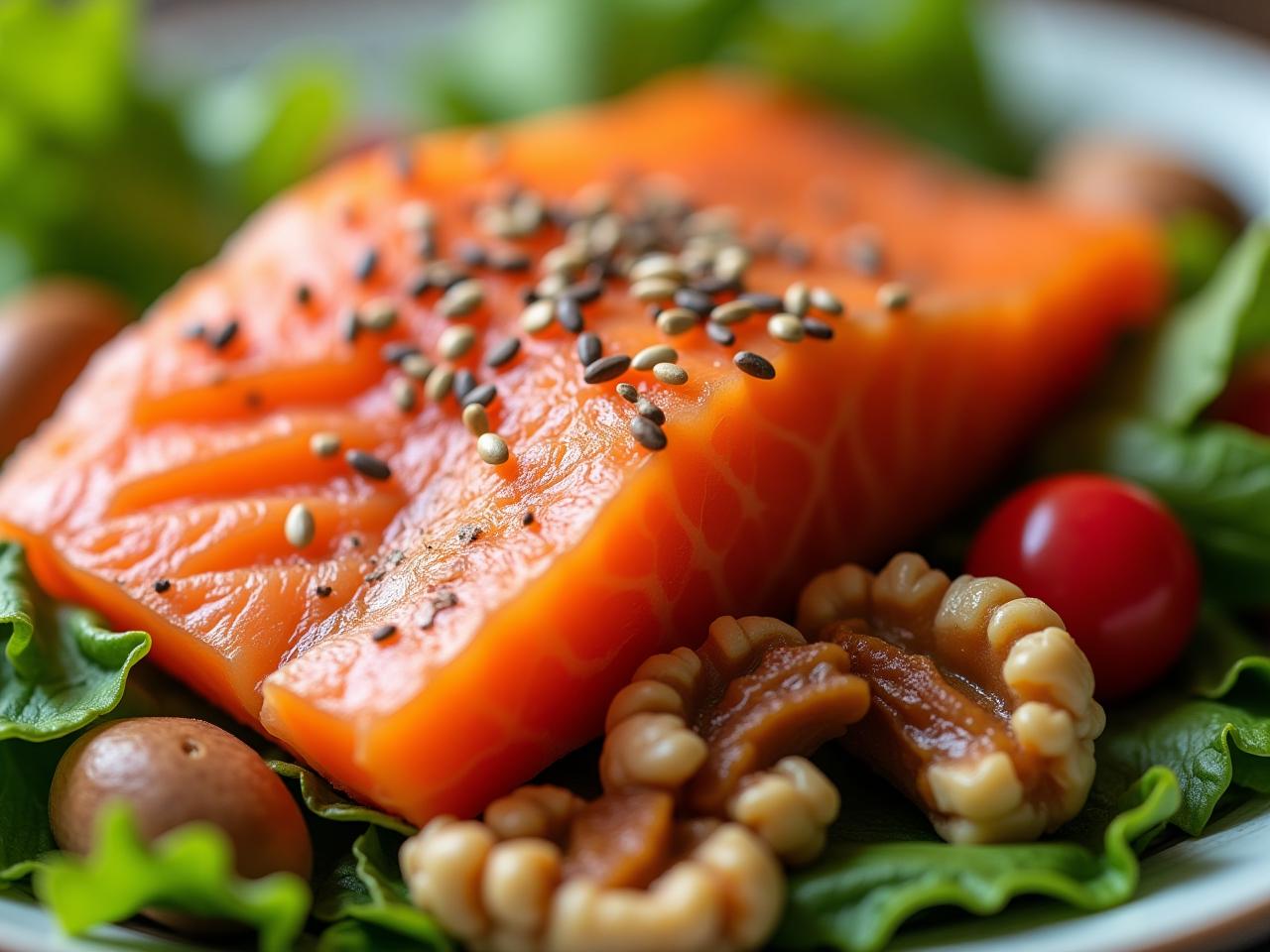 Close-up of a colorful salad with salmon, walnuts, and flax seeds, representing omega-3 rich foods from The Whole Body Guide by Dr. Mark Hyman. Focus on healthy eating and holistic wellness.