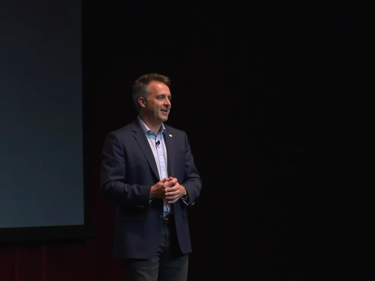Confident person standing on a stage, giving a presentation. Focus on body language and positive expression. Keyword: developing self-confidence