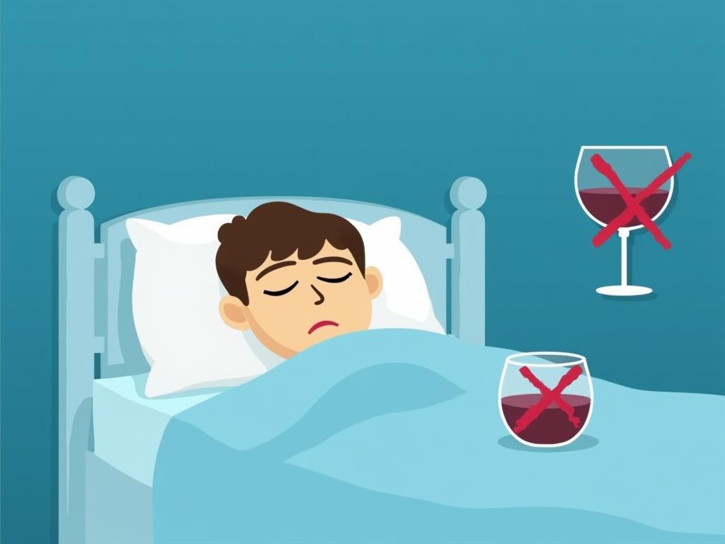 A person sleeping peacefully in bed, with a glass of wine next to the bed crossed out with a red X. The background is a serene blue.