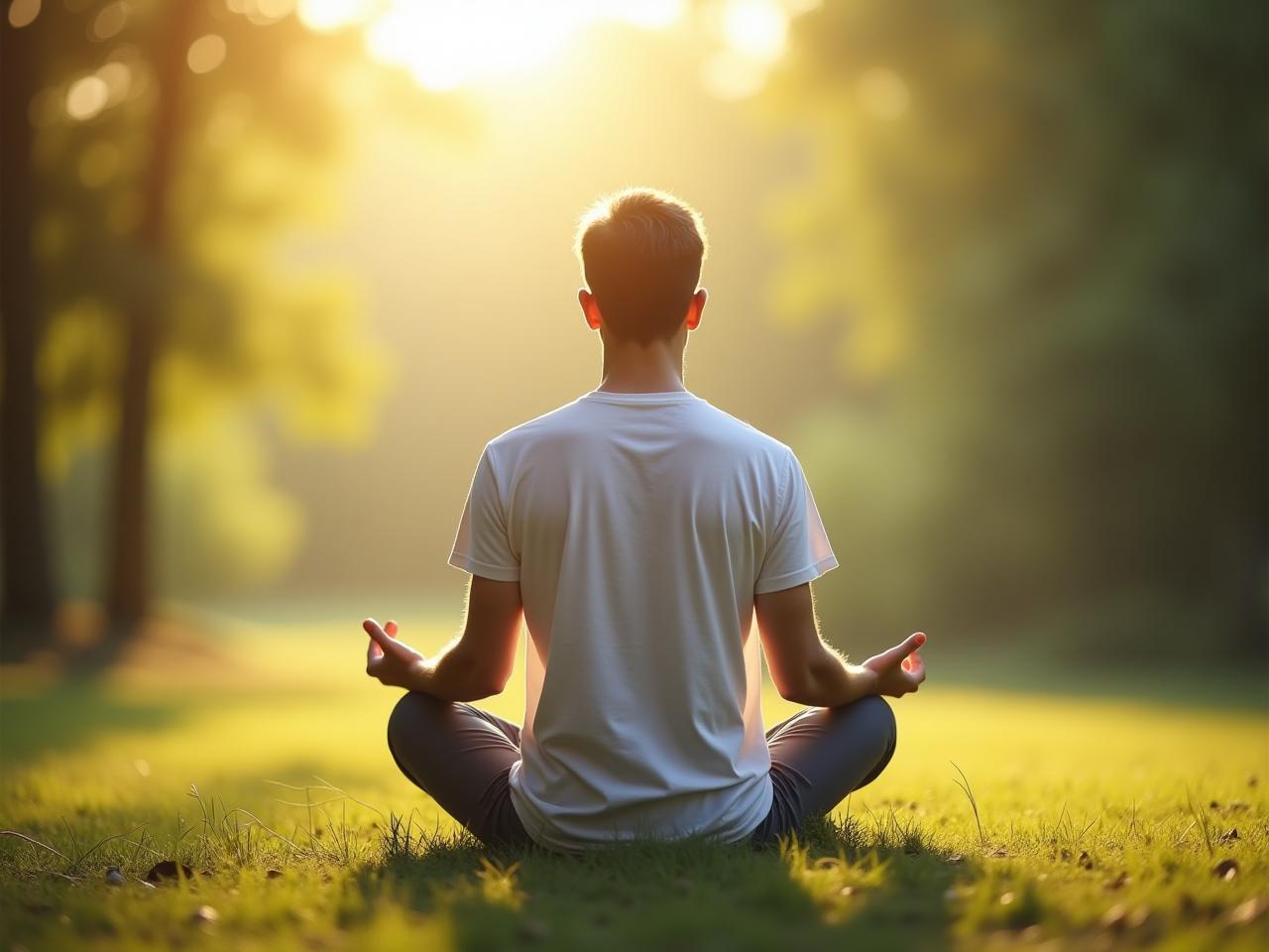 A person meditating in a peaceful natural setting, representing the concept of energy management and mindfulness. Keywords: meditation, mindfulness, energy, nature, purpose, Brandon Bouchard, Living for Purpose.
