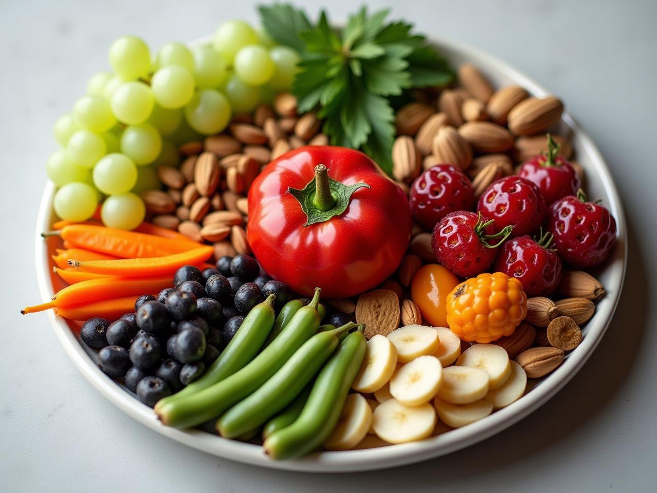A colorful plate filled with a variety of whole foods, including fruits, vegetables, legumes, nuts, and seeds. The image emphasizes the abundance and vitality of a whole food diet.