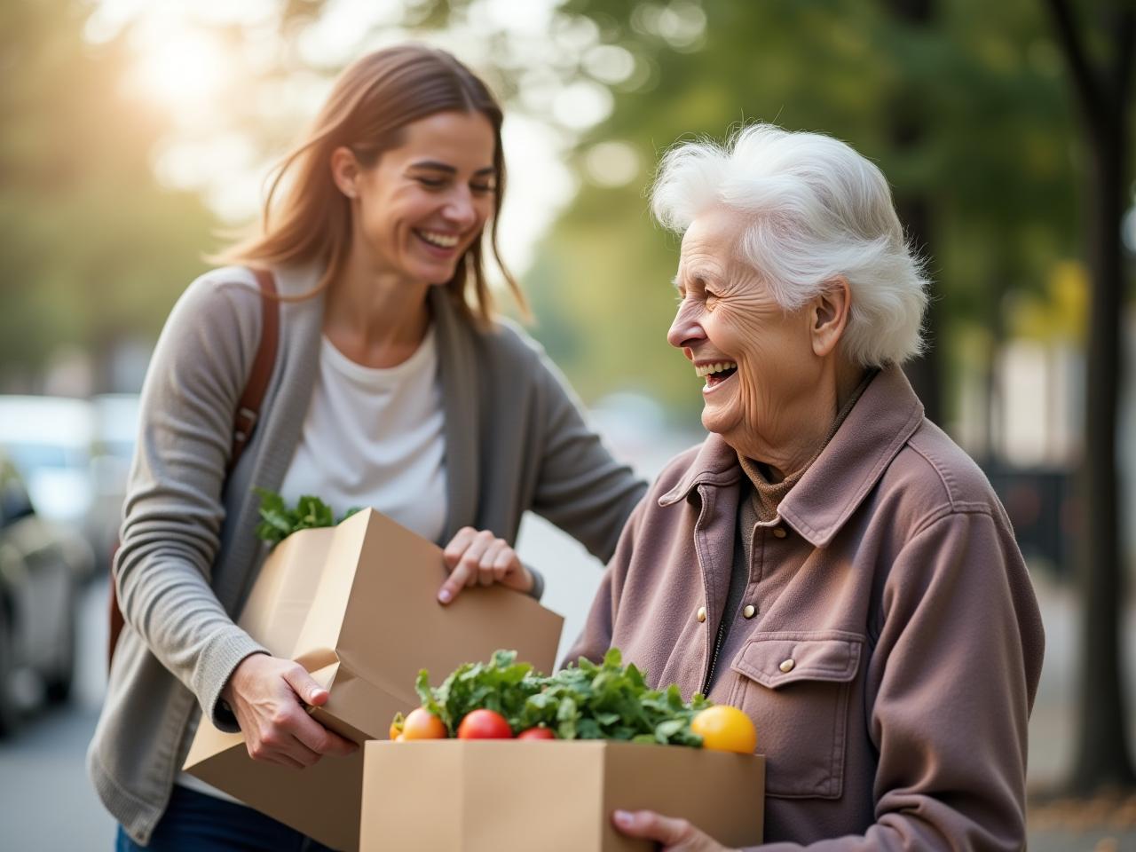 Smiling person helping an elderly woman carry groceries, symbolizing the act of contributing to others and finding meaning in life.