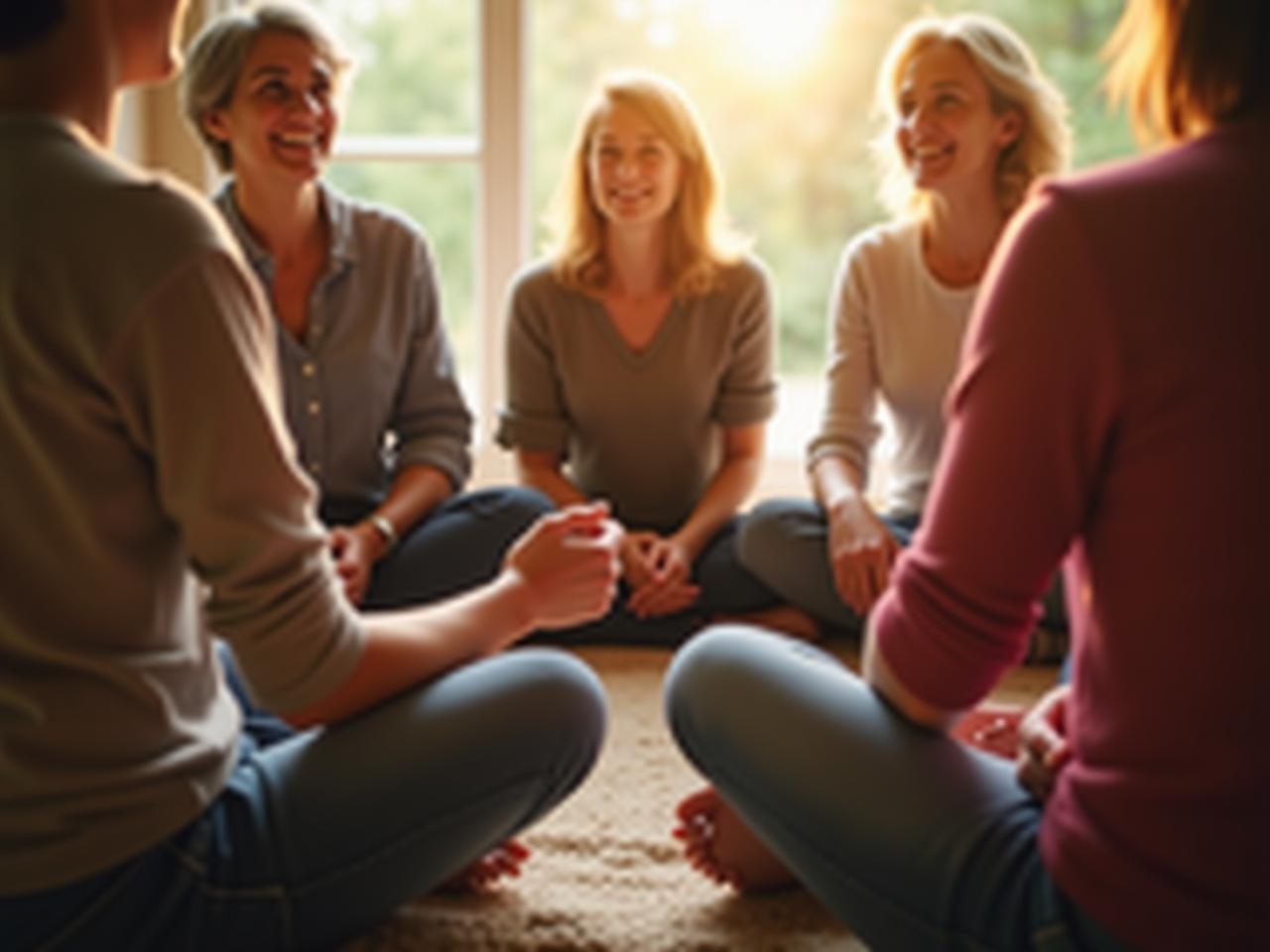A group of people sitting in a circle, supporting each other, representing a support group for pain management inspired by Jon Kabat-Zinns book Full Catastrophe Living. The image should convey warmth, empathy, and connection.