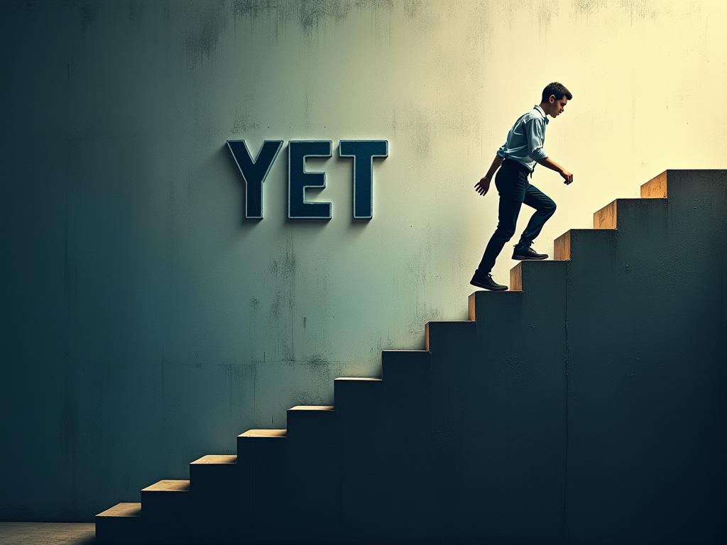A person climbing stairs, symbolizing growth and improvement, with the word YET highlighted in bold and large letters. The background is a gradient from dark to light, representing the journey from a fixed mindset to a growth mindset. Keywords: growth mindset, Carol Dweck, Mindset, success, progress, stairs, climbing, motivation.