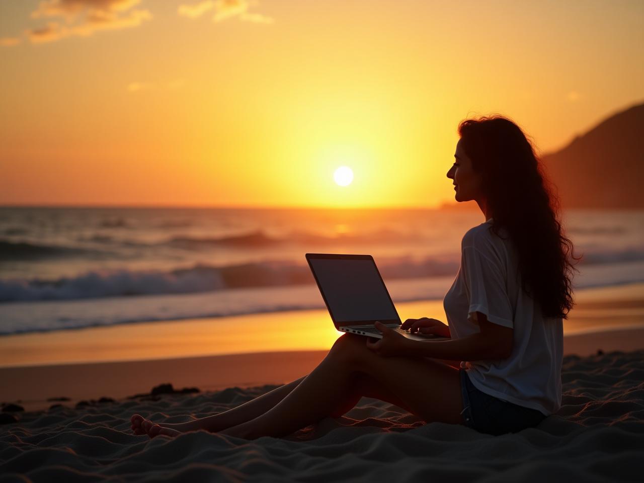 A person sitting on a beach, looking at the ocean, with a laptop on their lap. The sun is setting in the background, creating a warm and peaceful atmosphere. The image represents financial freedom and the ability to work from anywhere.