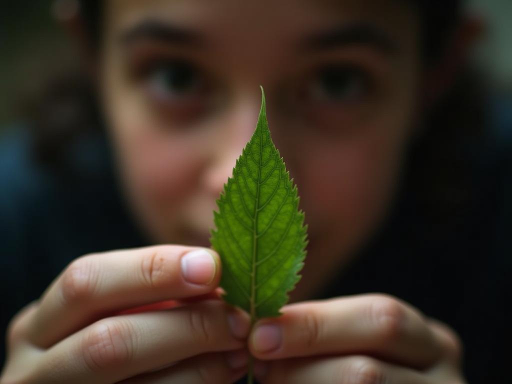 Close-up image of a person intensely observing a leaf, highlighting the details and textures. The background is blurred to emphasize the focus on the leaf.