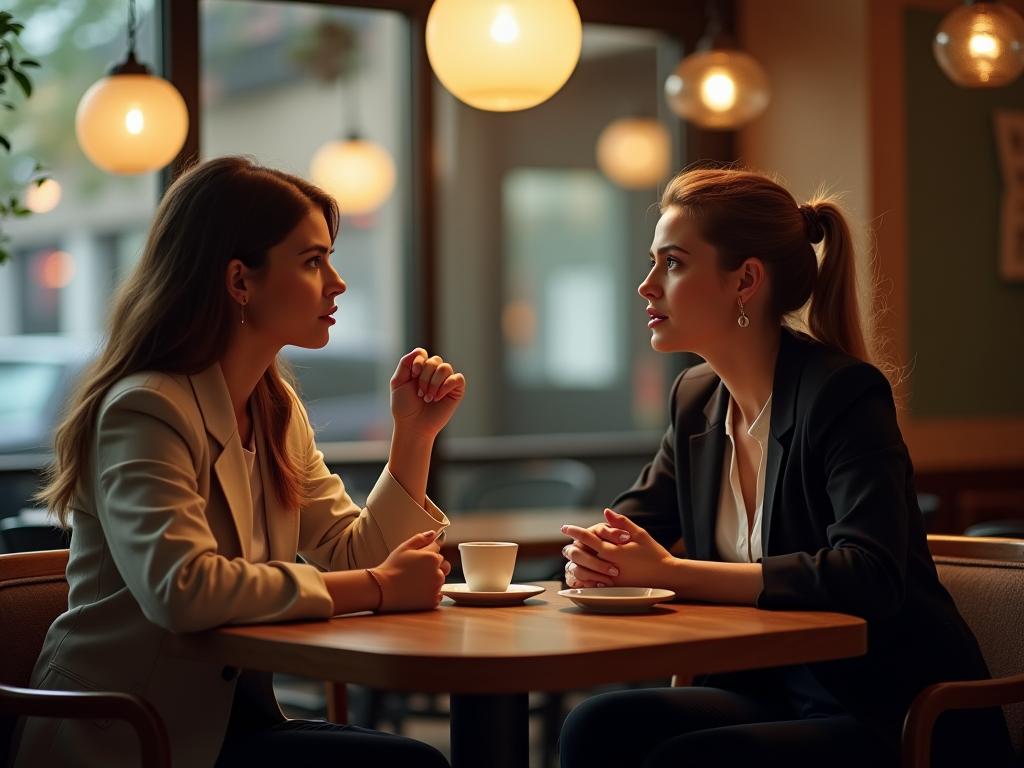 Two women sitting in a cafe, one listening attentively while the other speaks passionately.