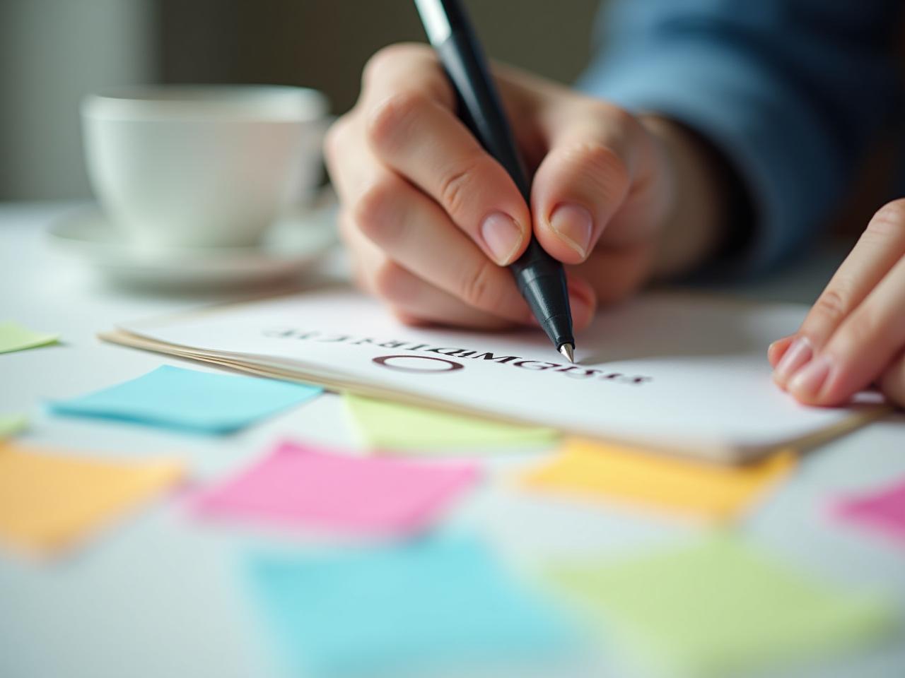 Close-up shot of a persons hand writing on a notepad, with a pen, surrounded by colorful sticky notes representing different aspects of a problem. The overall feel is calm and focused, symbolizing the act of simplifying complex issues.