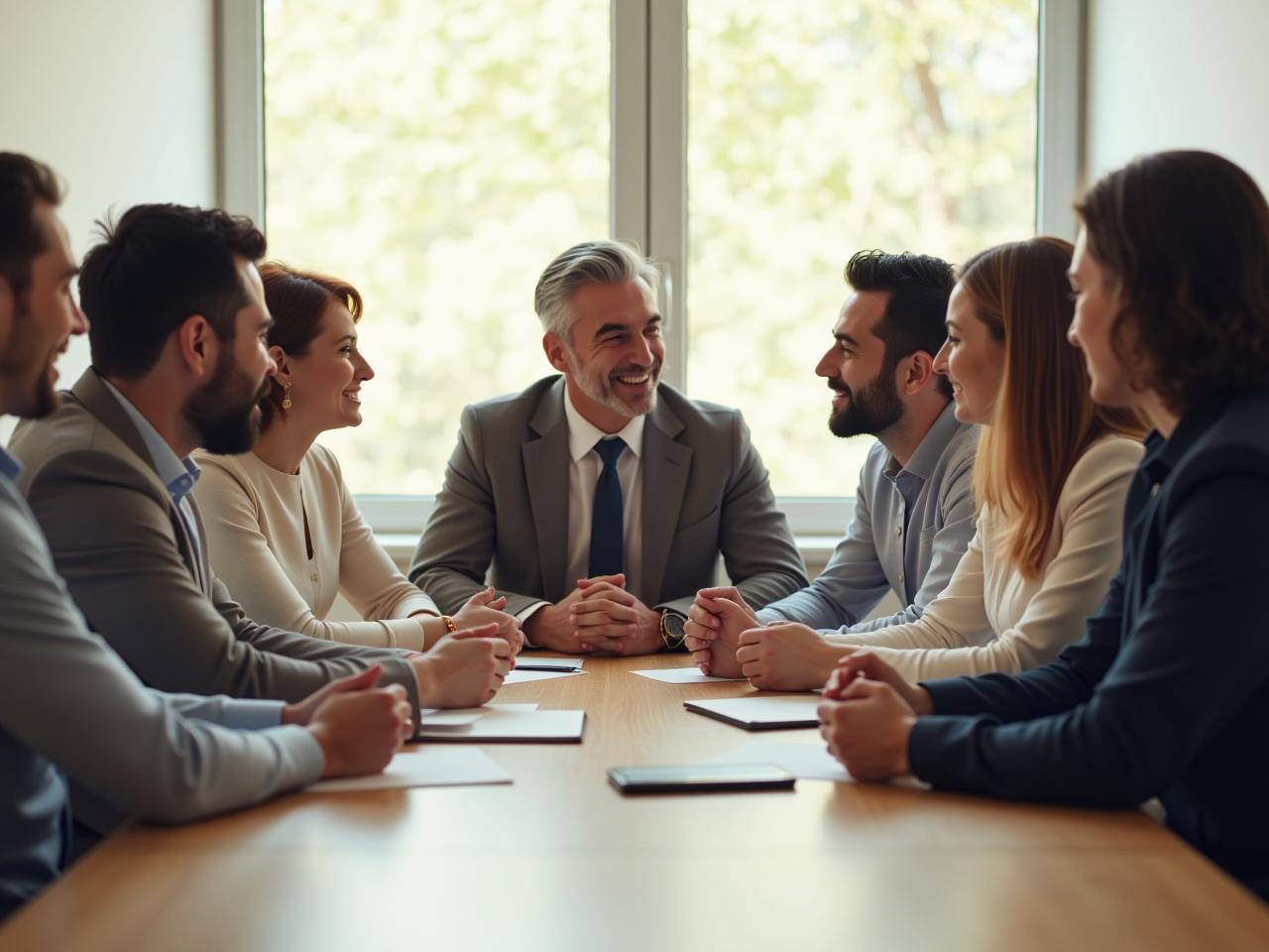 A diverse group of people collaborating around a table, symbolizing strategic networking and influential leadership without formal authority.