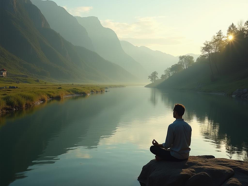 A serene landscape with a person meditating on a rock by a calm river, symbolizing acceptance of the present moment. Keywords: mindfulness, present moment, Eckhart Tolle, power of now, meditation, acceptance.