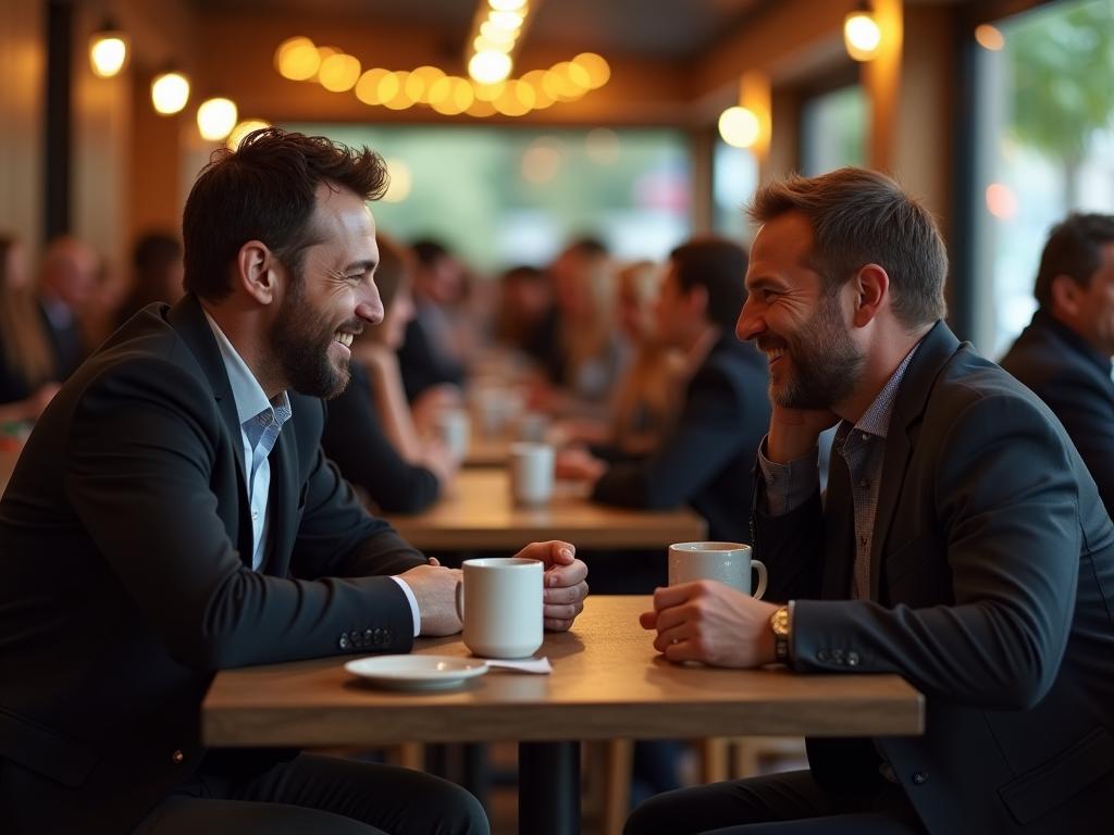 A smiling couple is sitting at a crowded café, warmly looking at each other and engaged in a deep conversation.
