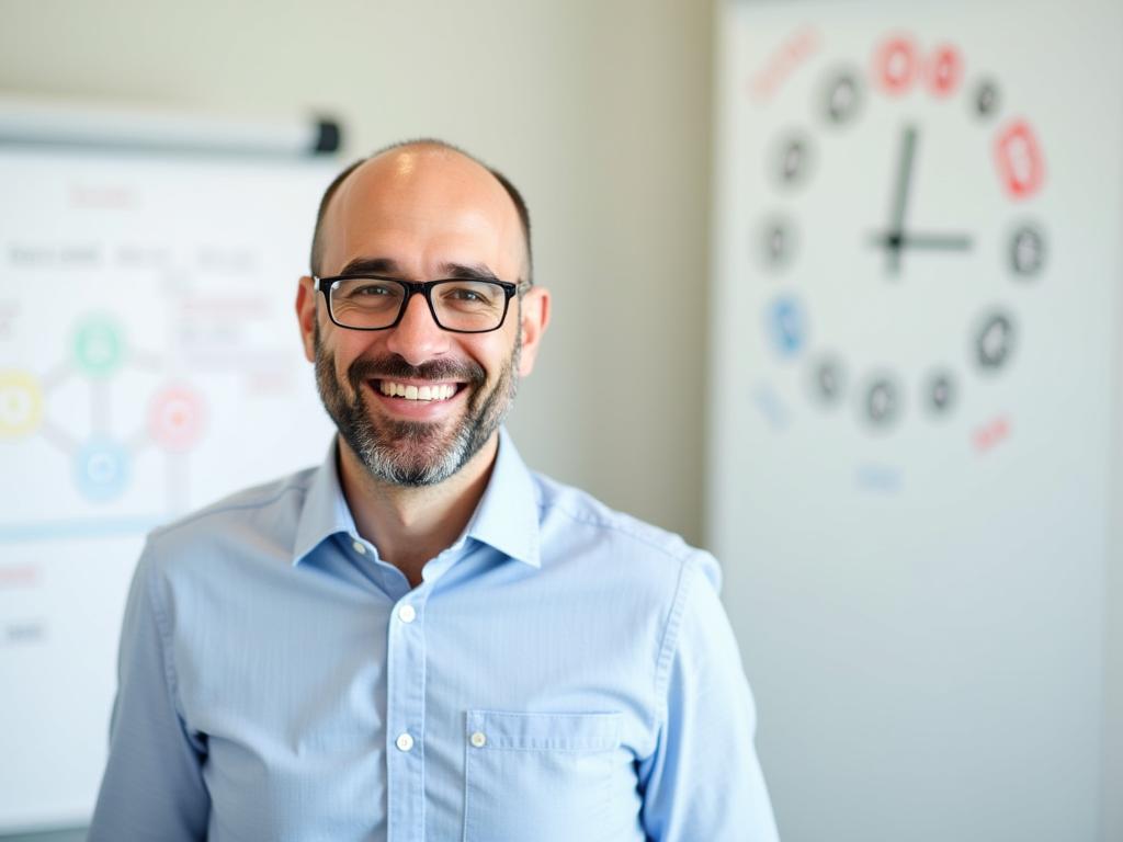 Amir Dahan, productivity expert, smiling confidently in front of a whiteboard with time management diagrams. Keywords: Productivity, time management, success, expert, Amir Dahan.
