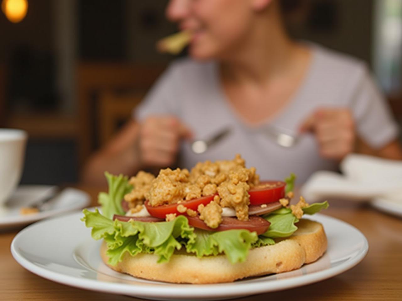 A person enjoying a colorful and healthy meal, focusing on the taste and textures.