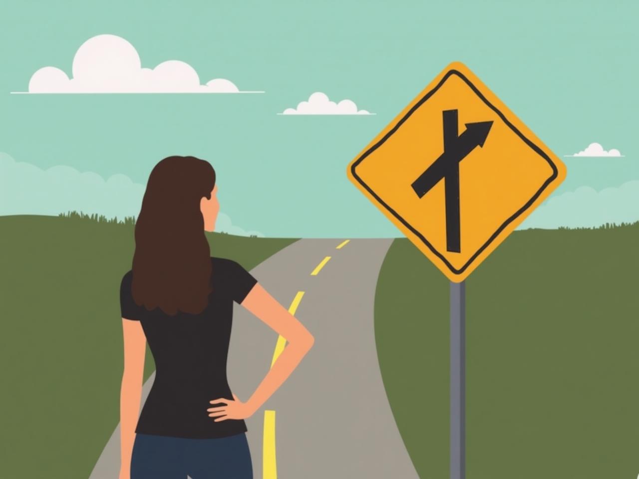 Woman looking at a crossroads sign, representing the choice to reframe a challenge into an opportunity.
