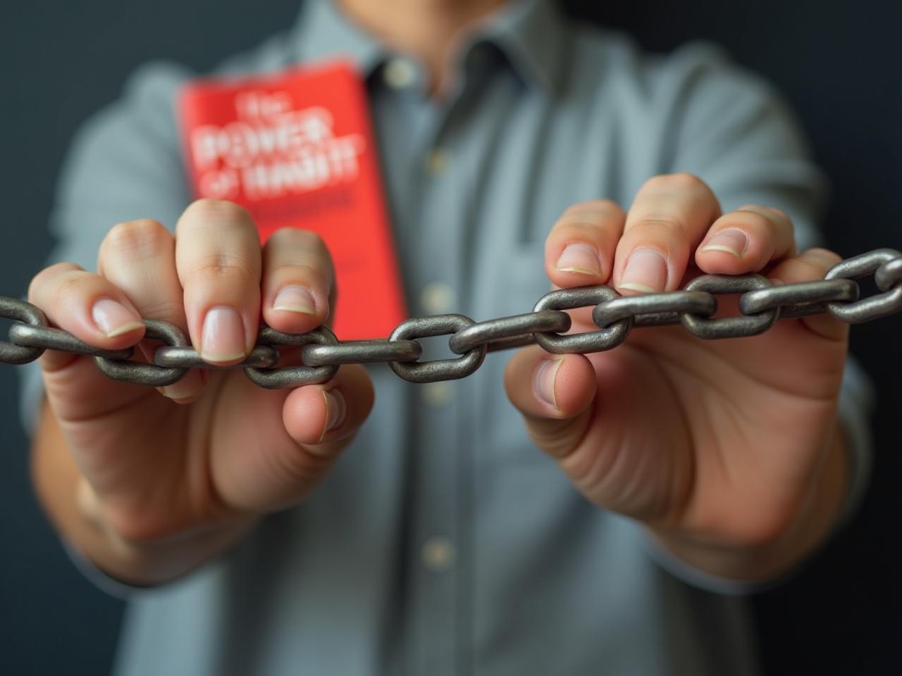 Image of a person breaking a chain representing bad habits, with the book The Power of Habit in the background.