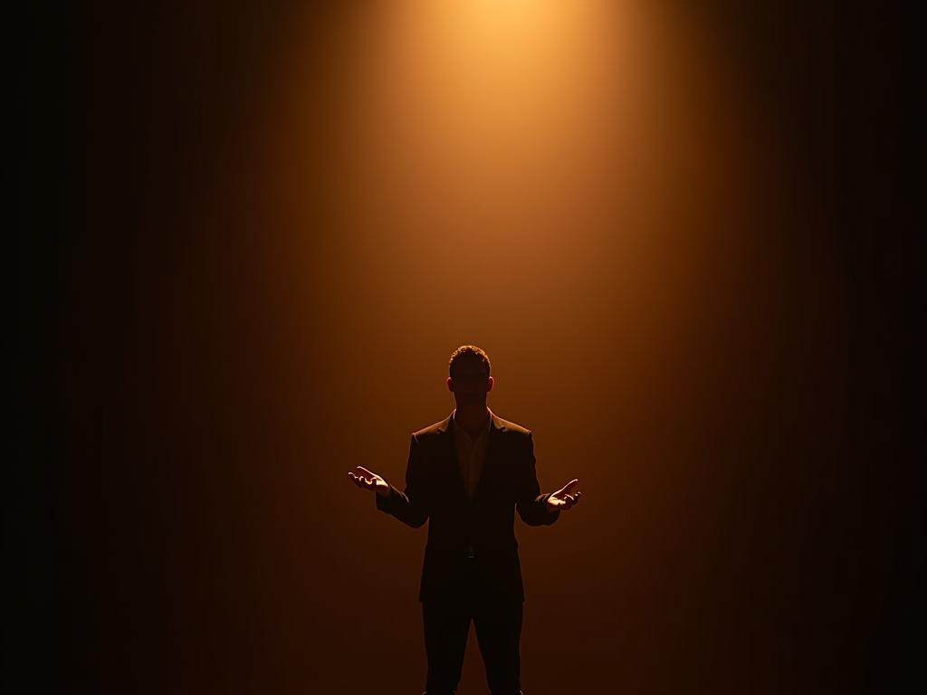 A person confidently standing on a stage giving a presentation, bathed in warm light, symbolizing self-assurance and public speaking success. Keywords: confidence, public speaking, presentation, success, self-esteem, personal development.