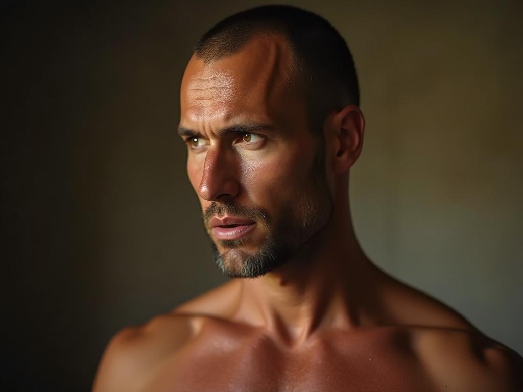 David Goggins intense gaze, symbolizing mental toughness and resilience.