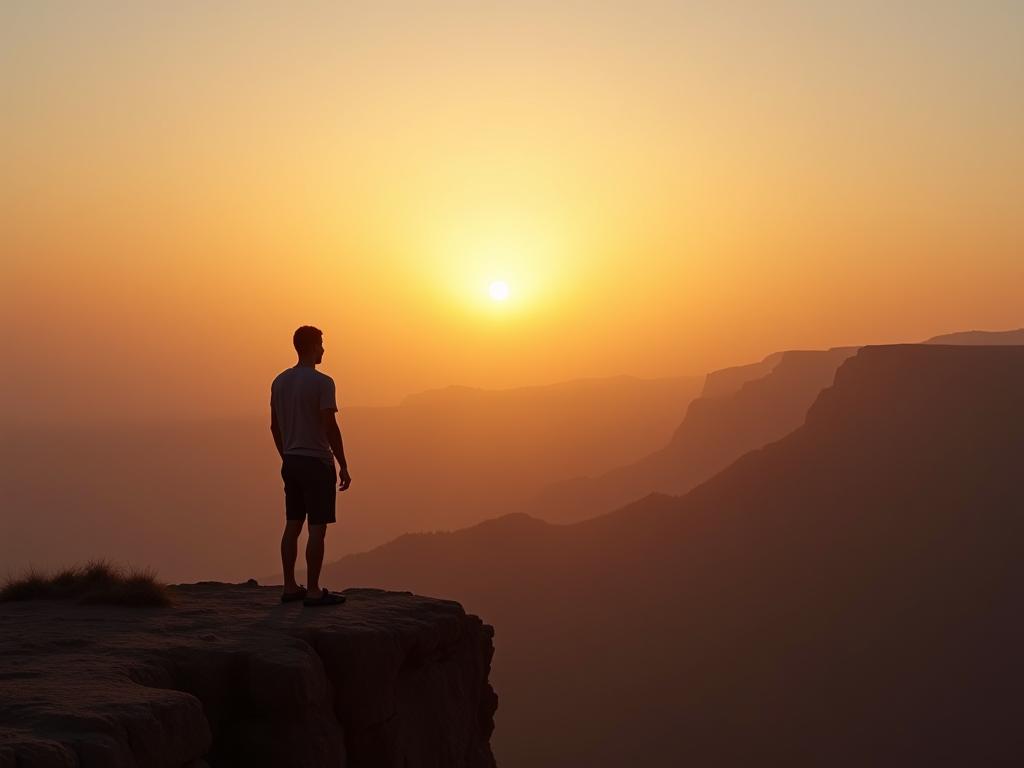 A person standing on a cliff, looking out at a vast landscape. The sun is setting, casting a warm glow on the scene. The person appears vulnerable but also strong, symbolizing the courage to be imperfect.