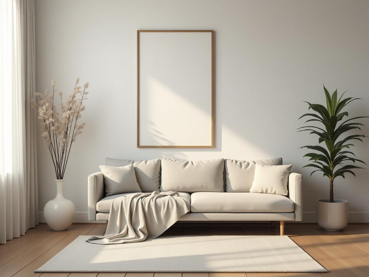 Minimalist living room with a few essential items, showcasing a clean and organized space with natural light. Focus on simplicity and decluttering.