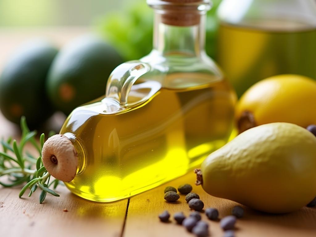 Close-up of various healthy oils like olive oil and avocado oil, with fresh vegetables and herbs in the background. The image is brightly lit and emphasizes the natural colors of the ingredients. Keywords: healthy oils, nutritious food, Dr. Mark Hyman, whole body approach, nutrition, healthy lifestyle.