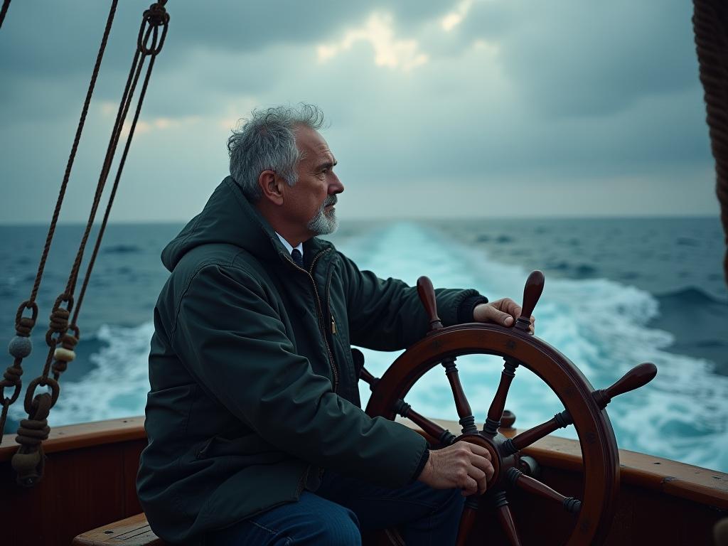 Person confidently steering a ship through stormy waters. Keywords: Proactivity, Control, The 7 Habits, Overcoming Obstacles, Leadership