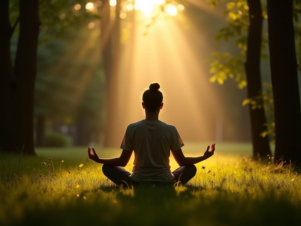 A person sitting in a peaceful nature setting, meditating. Sunlight streams through the trees, creating a sense of calm and serenity. Keywords: mindfulness, meditation, nature, peace, calm, serenity.
