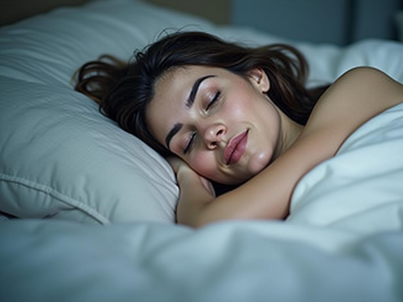 A person sleeping peacefully in bed with a calm and serene expression, representing restful sleep and the importance of nutrition for good sleep.