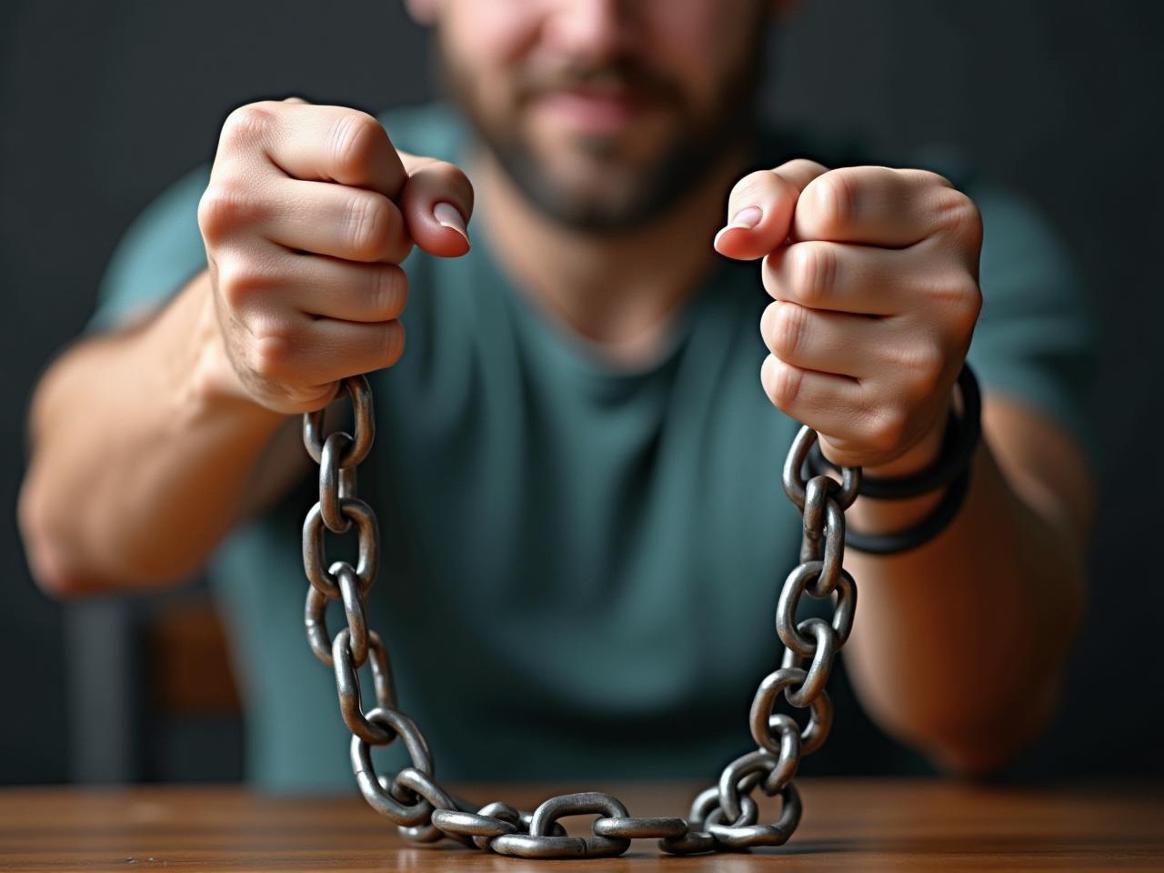 A person breaking chains that represent bad habits, symbolizing freedom and positive change. The book The Power of Habit is in the background.