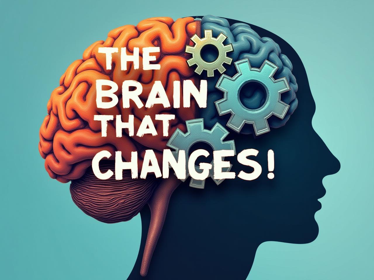 Brain with gears inside representing neuroplasticity and the ability of the brain to change. The title The Brain That Changes Itself is superimposed.
