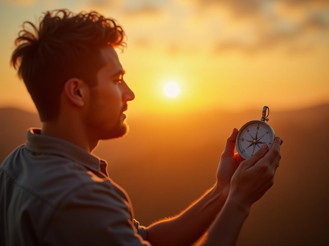 A person looking at a compass with a determined expression, symbolizing finding their why and direction in life. The background shows a sunrise, representing a new beginning.