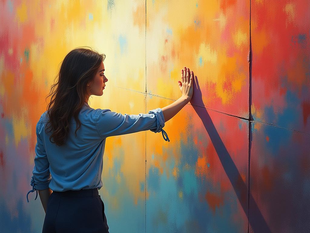 A person gently pushing a boundary line away, symbolizing setting healthy personal boundaries. The background is a colorful and abstract representation of different emotions and needs.