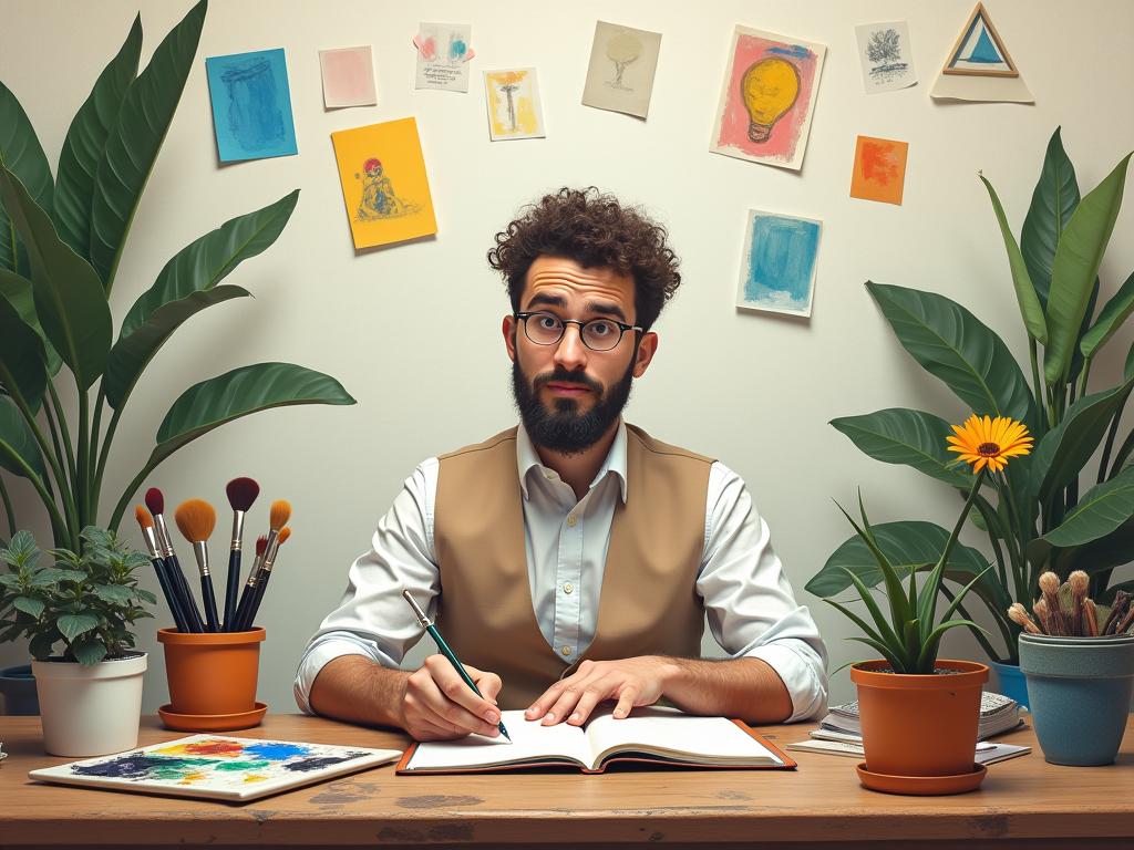 Image of a person sitting at a desk with a notebook, surrounded by creative elements like paints, brushes, and plants, representing the concept of unlocking creativity.