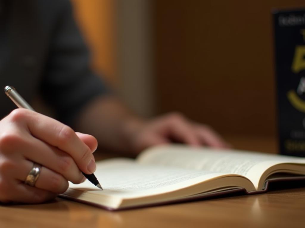 Close-up of a person writing in a journal with a pen, with the book The 5 AM Club by Robin Sharma visible in the background. The lighting is warm and inviting, creating a sense of reflection and personal growth.