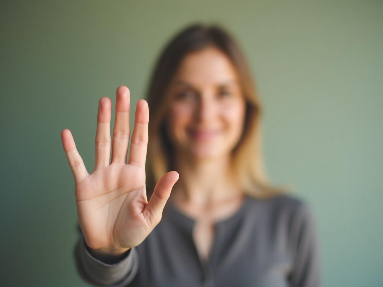 A person gently but firmly holding up their hand as a stop gesture, symbolizing the setting of healthy boundaries.