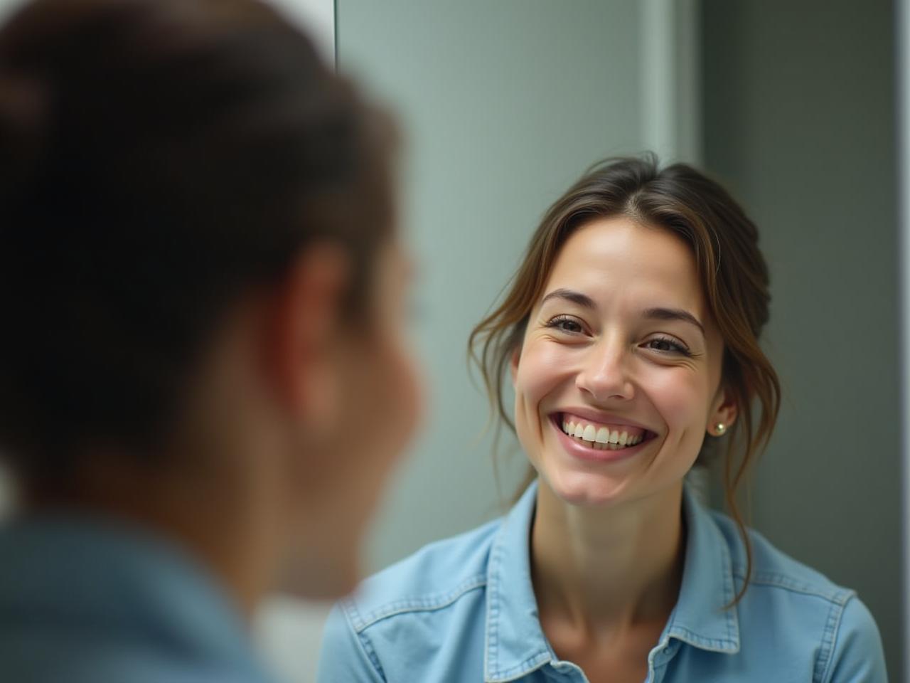 A person looking in the mirror and smiling at their reflection, symbolizing self-acceptance and positive self-talk. The image also includes a subtle overlay of brain activity, representing the rewiring of thought patterns.
