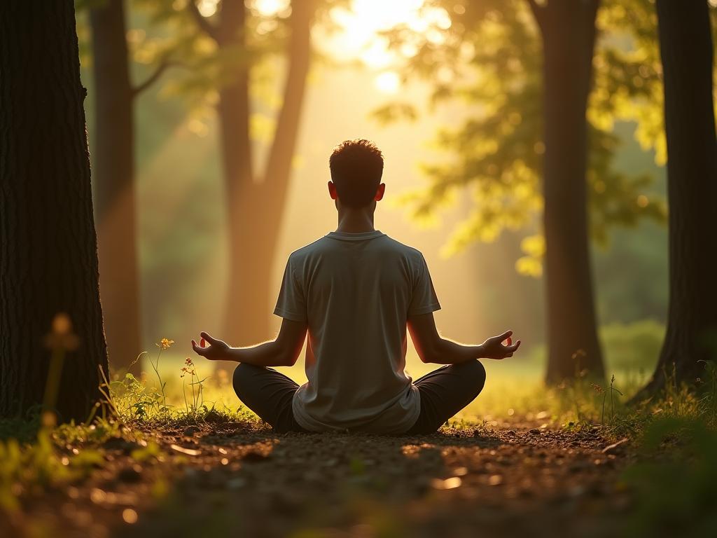 A person meditating in a peaceful natural setting, surrounded by trees and sunlight. Keywords: mindfulness, meditation, nature, peace, calm, relaxation.