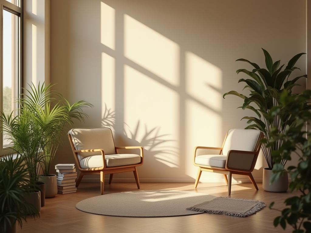 A calming and serene space with soft lighting, a comfortable chair, plants, and books, designed to promote relaxation and rest.