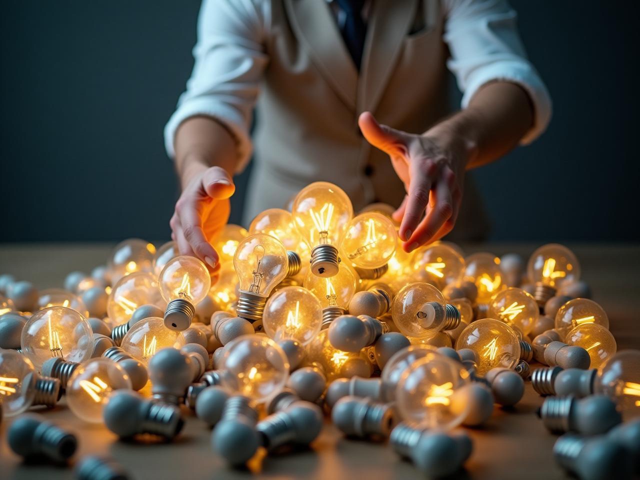 A person sorting through a large pile of ideas represented by lightbulbs, categorizing them based on technological feasibility and potential impact.