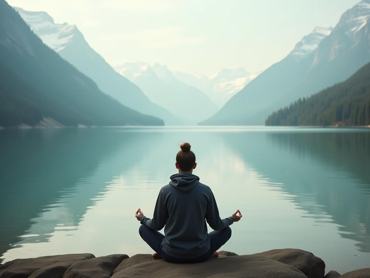 A serene image of a person meditating by a calm lake, symbolizing peace and acceptance of uncertainty. Keywords: meditation, uncertainty, peace, mindfulness, acceptance, nature.