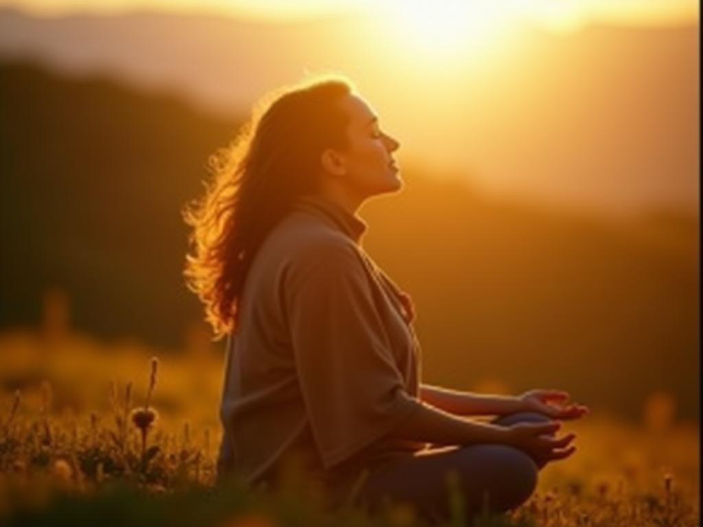 A person meditating peacefully in nature, with the sun shining on their face. Alt text: Peaceful meditation in nature, freeing yourself from the past, mindfulness practice, Eckhart Tolle, Power of Now.