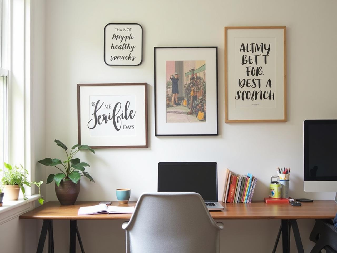 A person redesigning their workspace to promote better habits, like removing distractions and adding healthy snacks and motivational quotes.