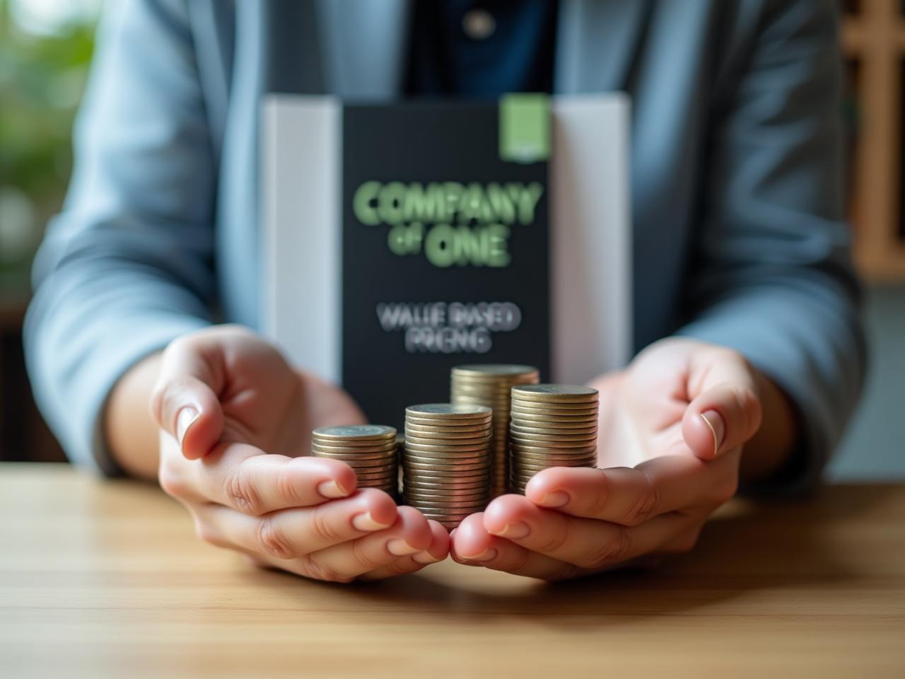 A person holding a stack of coins representing value, with a book titled Company of One in the background. The image represents the concept of value-based pricing and entrepreneurship.