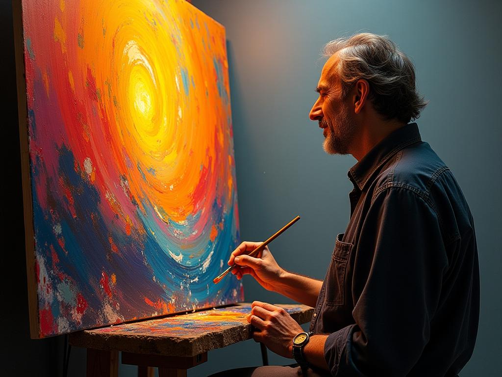 Person deeply engrossed in painting, brush in hand, surrounded by vibrant colors and a sense of focus and joy, representing the concept of flow and finding ones element as described in Ken Robinsons The Element.